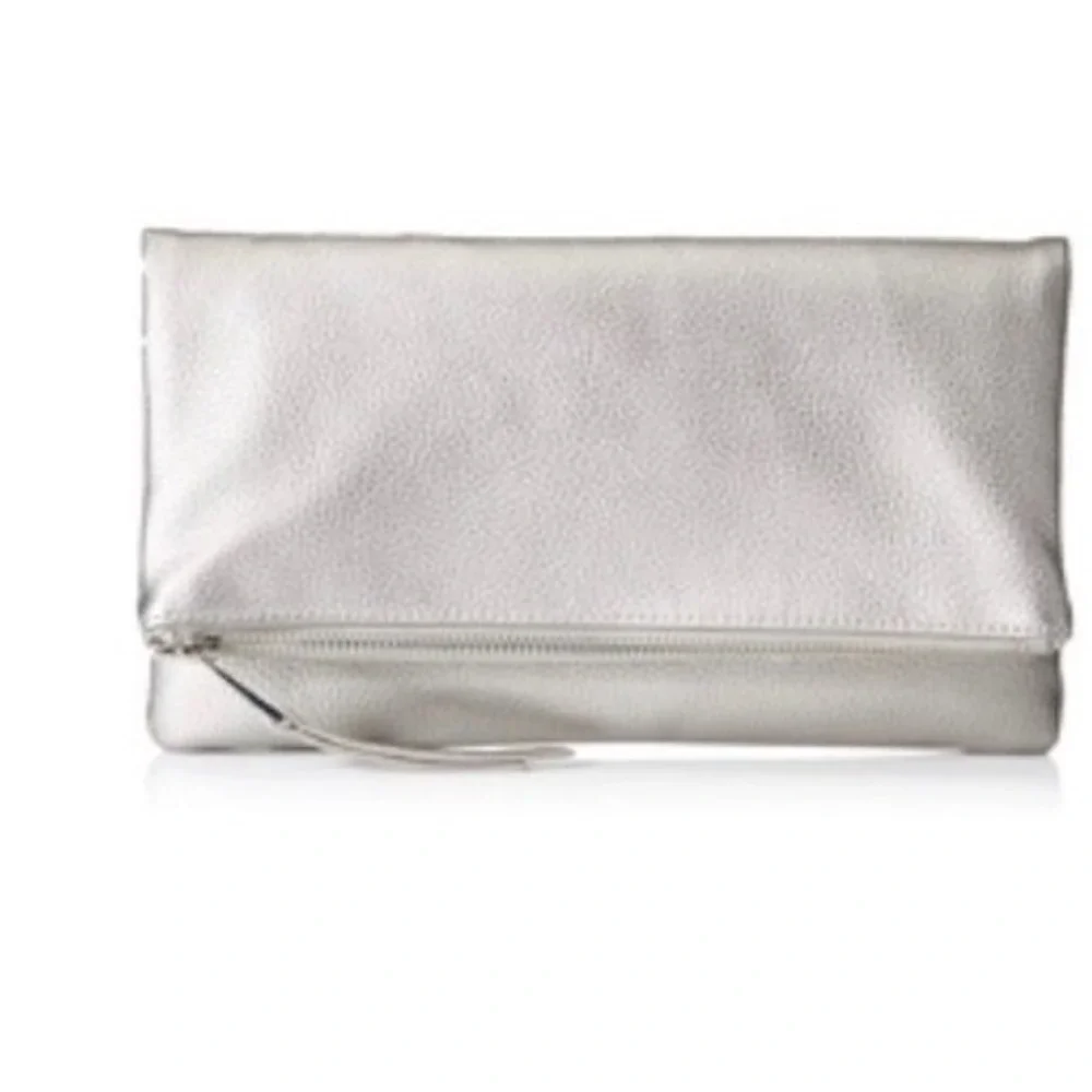 The Drop Women Southampton Foldover Clutch Metallic Silver Pebbled Faux Leather